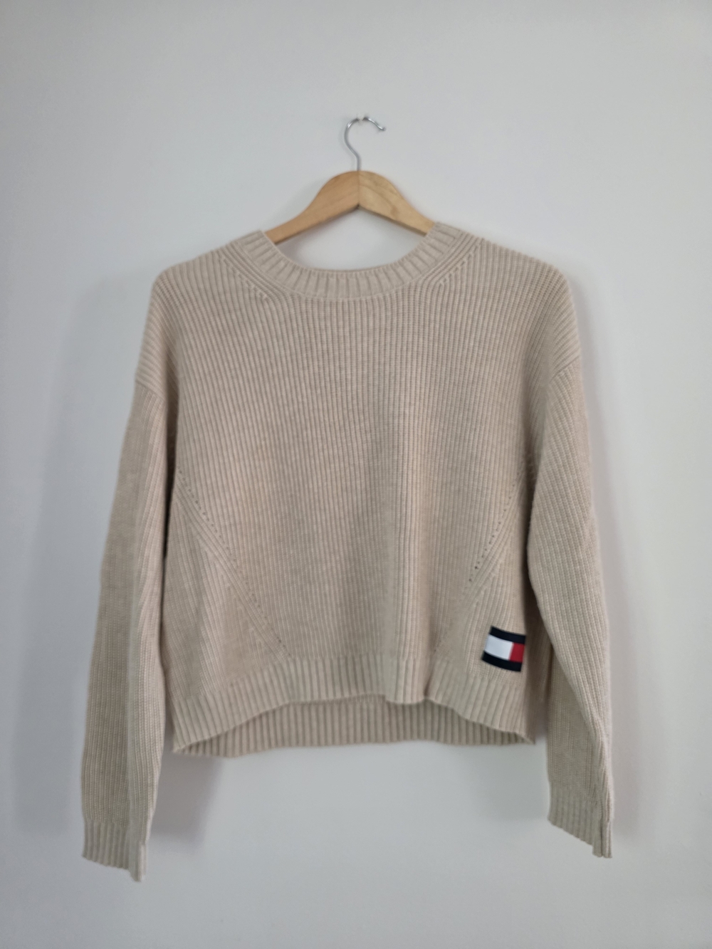 Tommy Hilfiger Beige Ribbed Crewneck Sweater with Flag Patch